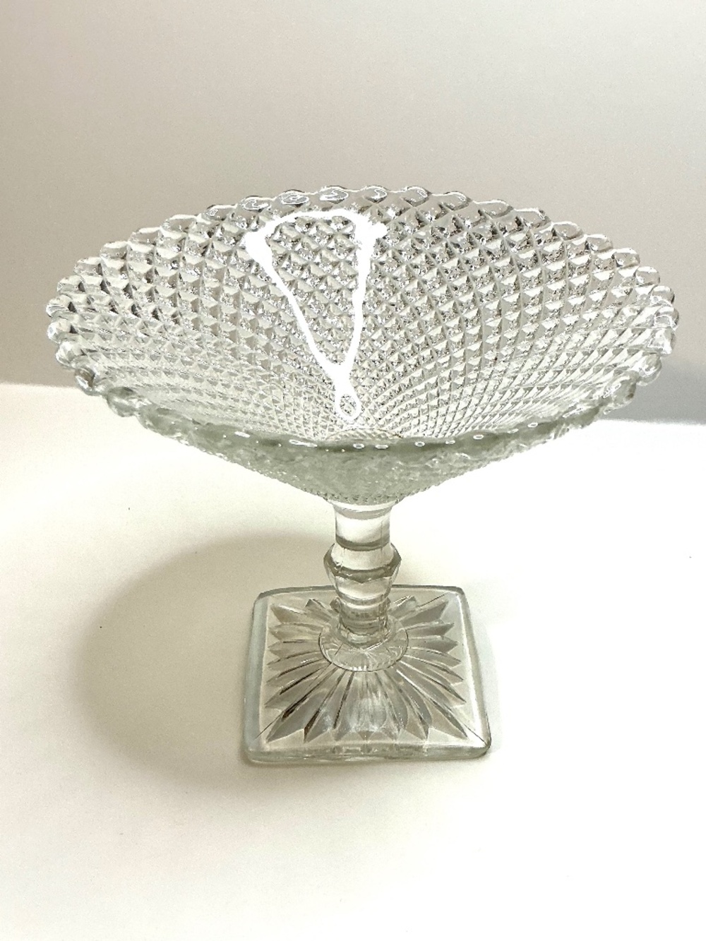 Clear Glass Diamond Pattern Pedestal Compote Bowl, Square Base, 6 in